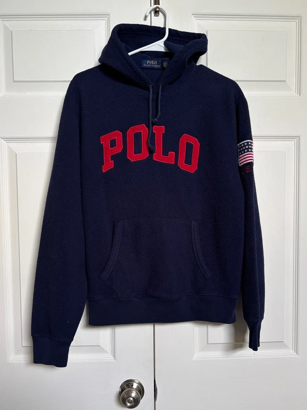 Polo Ralph Lauren Mens M Navy Fleece Hoodie USA Flag Logo Pullover